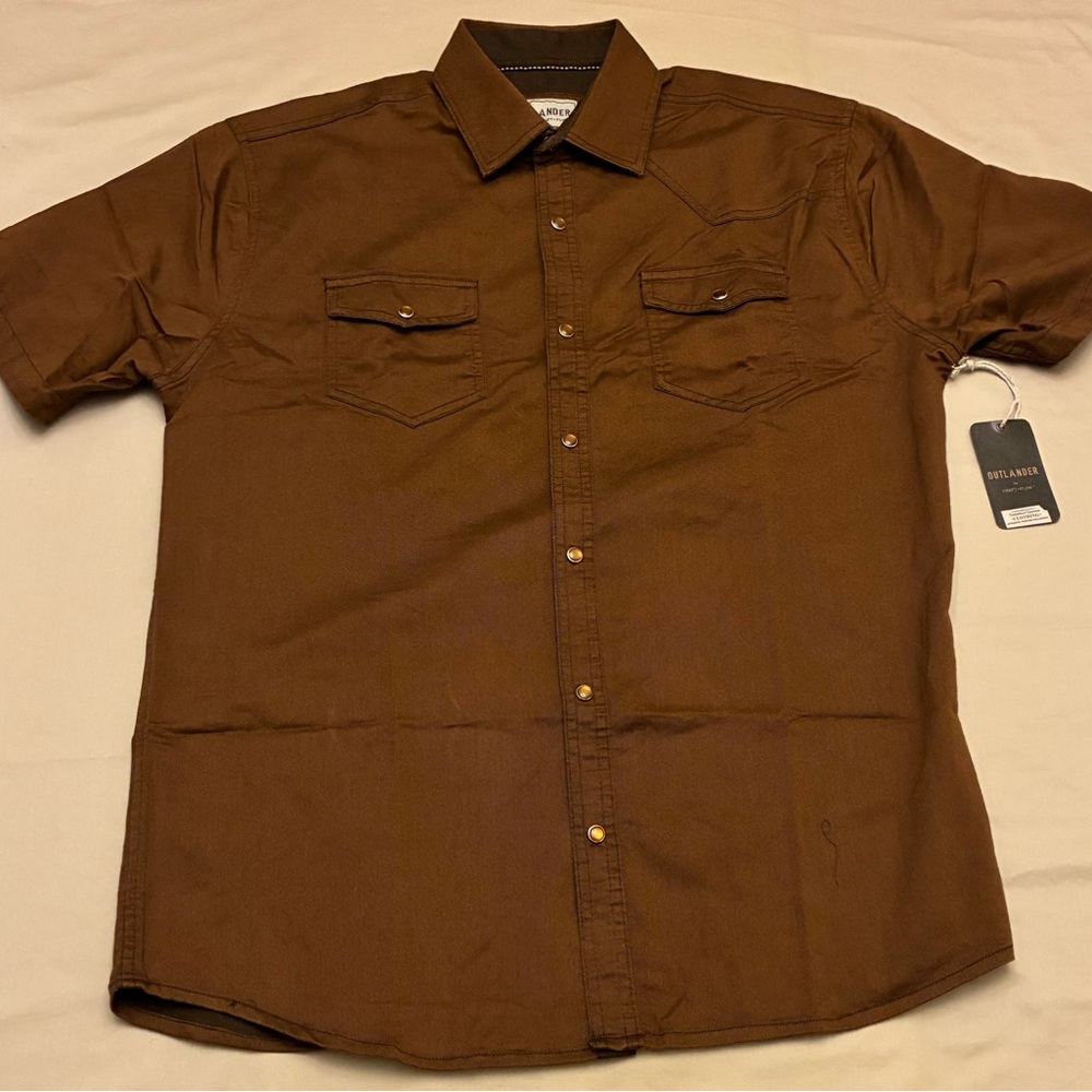 Outlander Pearl Snap Button Down Shirt Short Sleeves Men's Medium, Brown Western